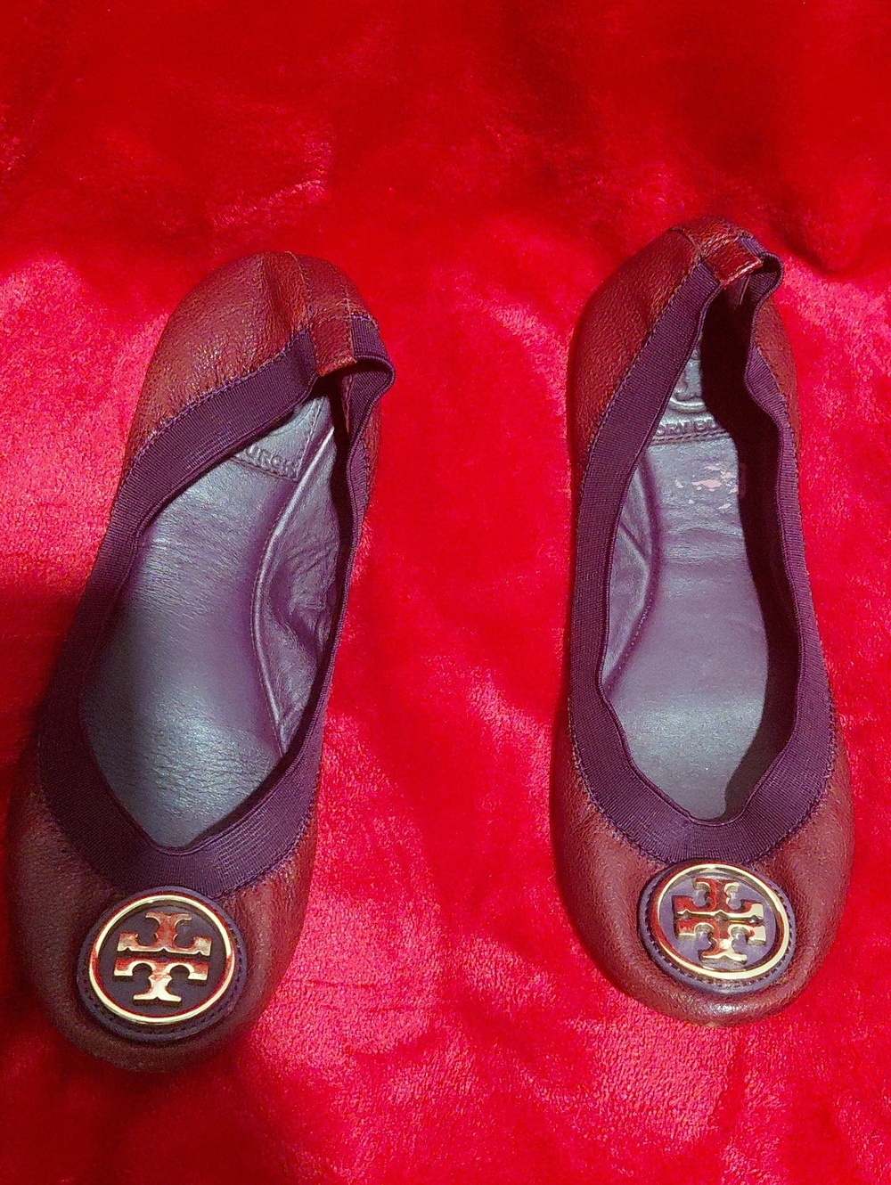 Tory Burch Cherry Red Leather Logo Ballet Flats